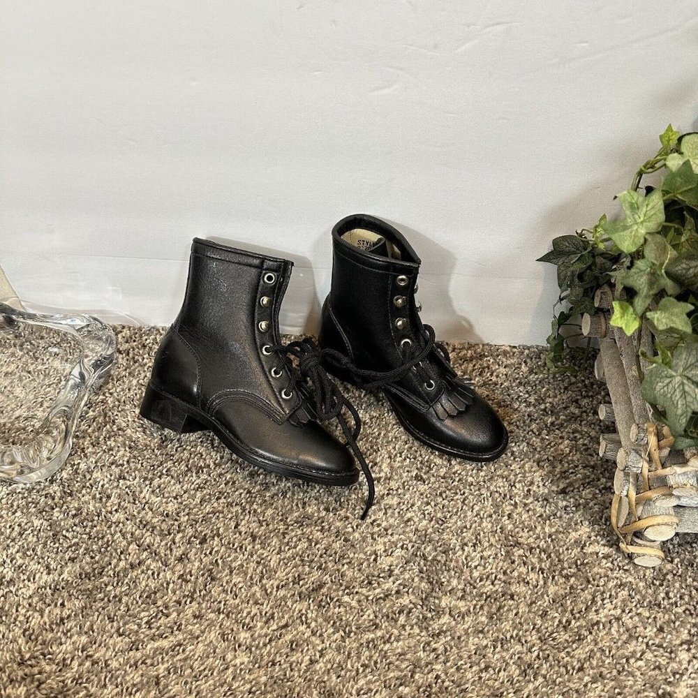 Vintage Kids Black Leather Western cowboy Boots Size 10 kiltie Lace Up new